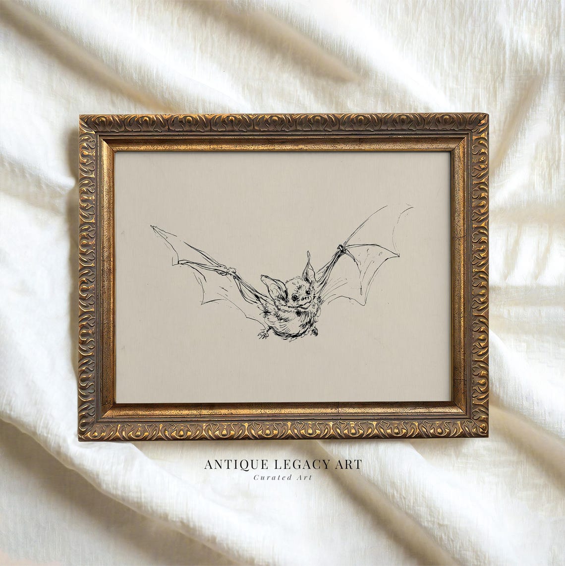 Vintage Flying Bat Ink Sketch Gothic Halloween Line Drawing Art Poster