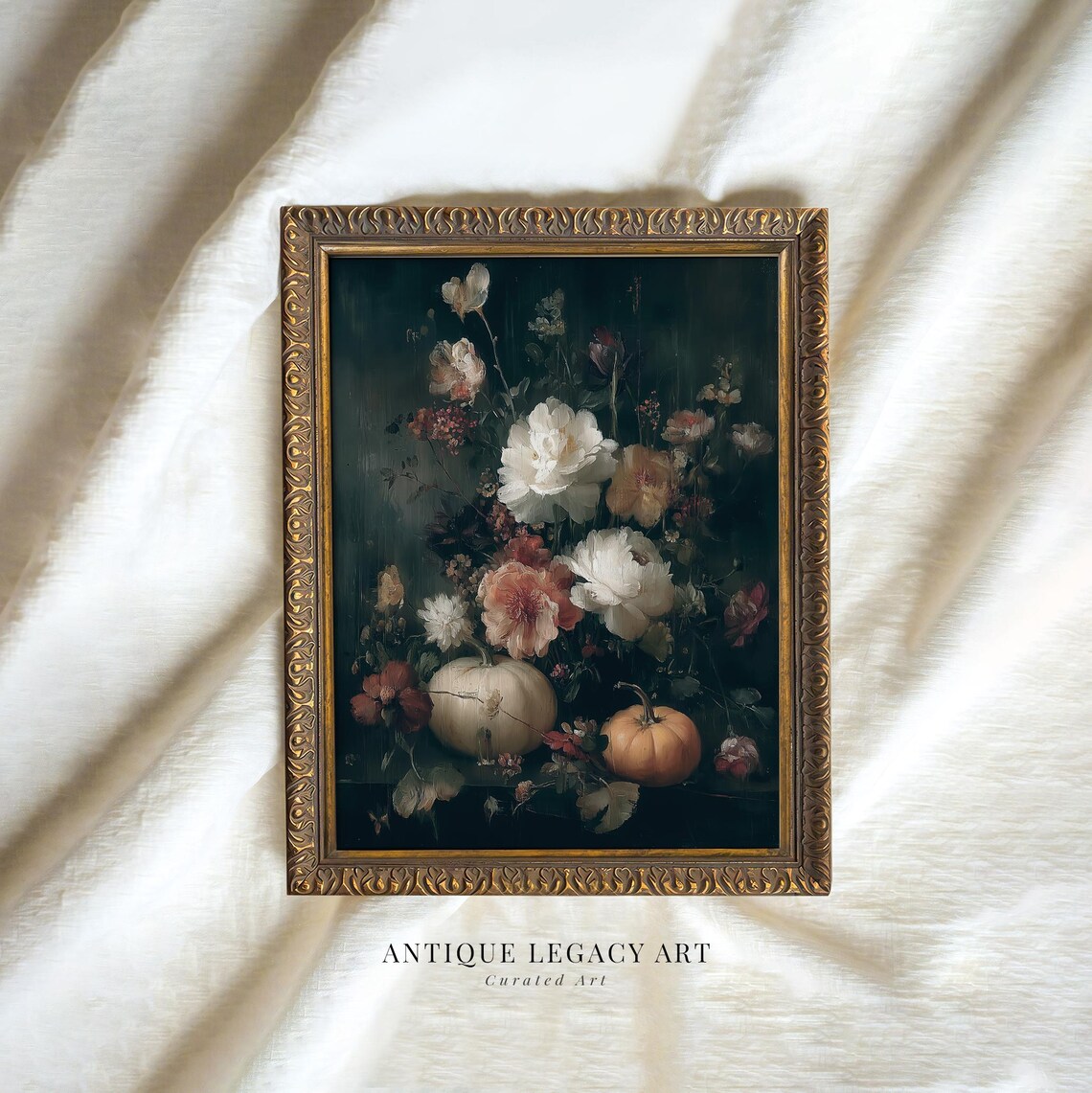 Dark Floral Pumpkin Still Life Peony Harvest Painting Vintage Poster