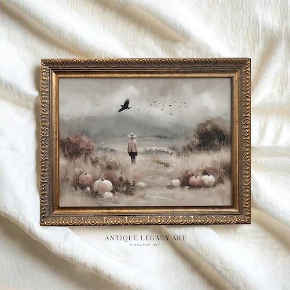Vintage Halloween Scarecrow Print Rustic Fall Pumpkin Field Wall Art Farmhouse Autumn Dark Academia Decor