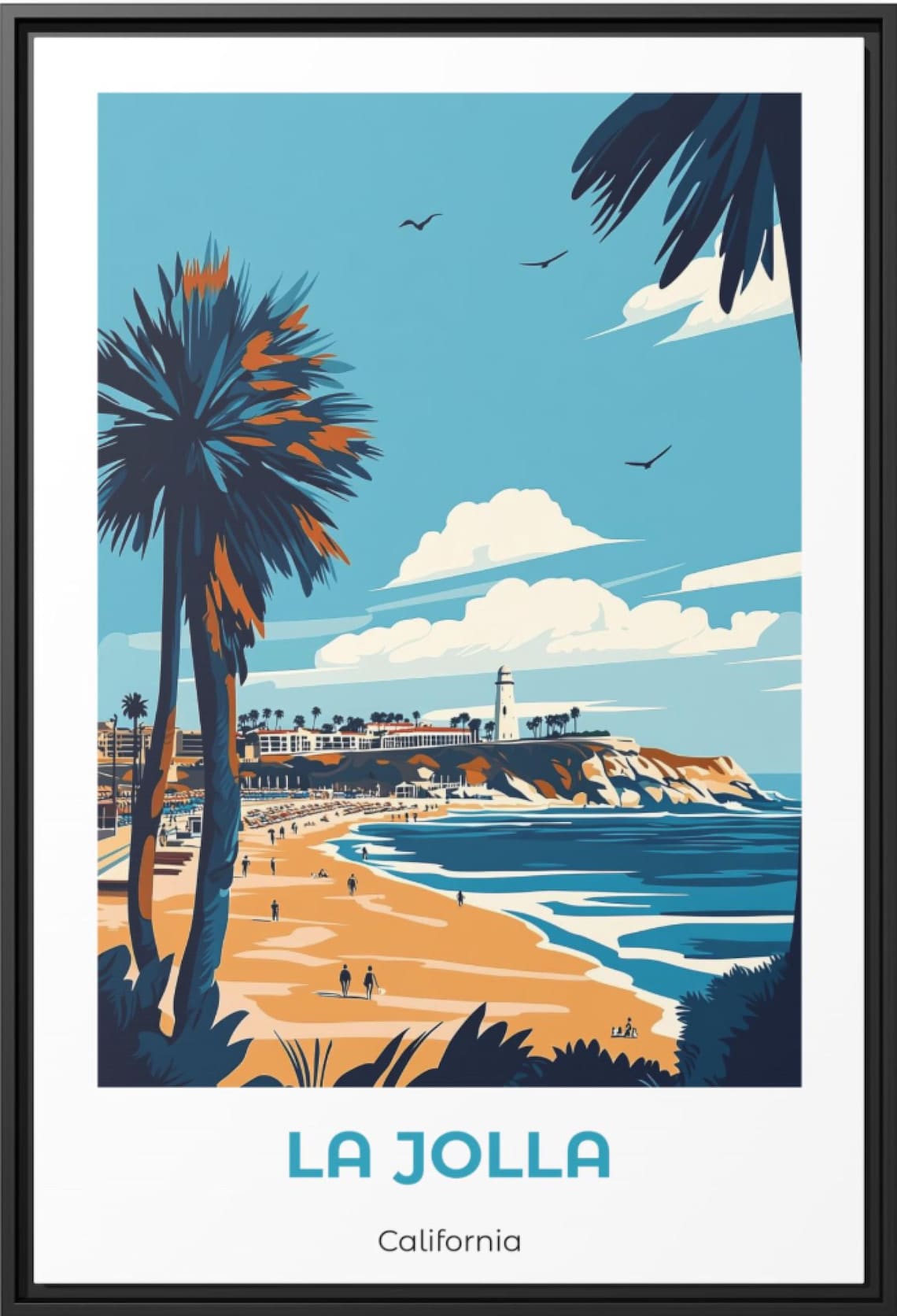 La Jolla California Beach Palm Trees Cliff Vintage Travel Poster