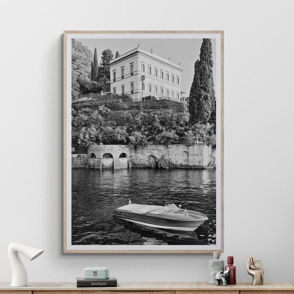 Lake Como Vintage Boat Black And White Italian Villa Photo Print