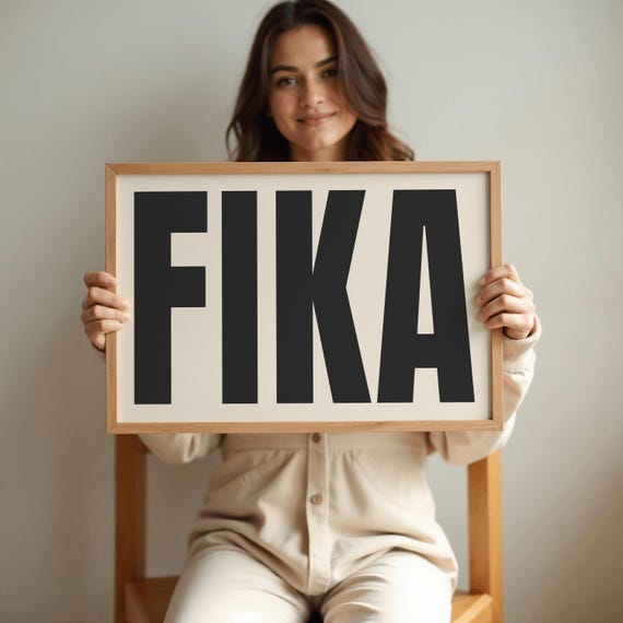 Fika Poster Soft Black Beige Swedish Coffee Break Typography Print For Kitchen Bar Or Living Room