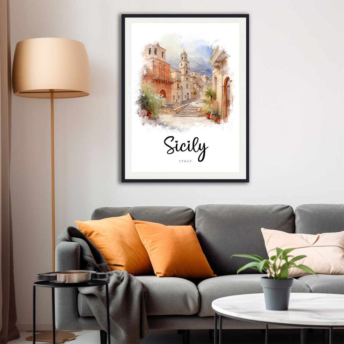 Sicily Italy Historic Stone Village Watercolor Travel Poster - Image 4
