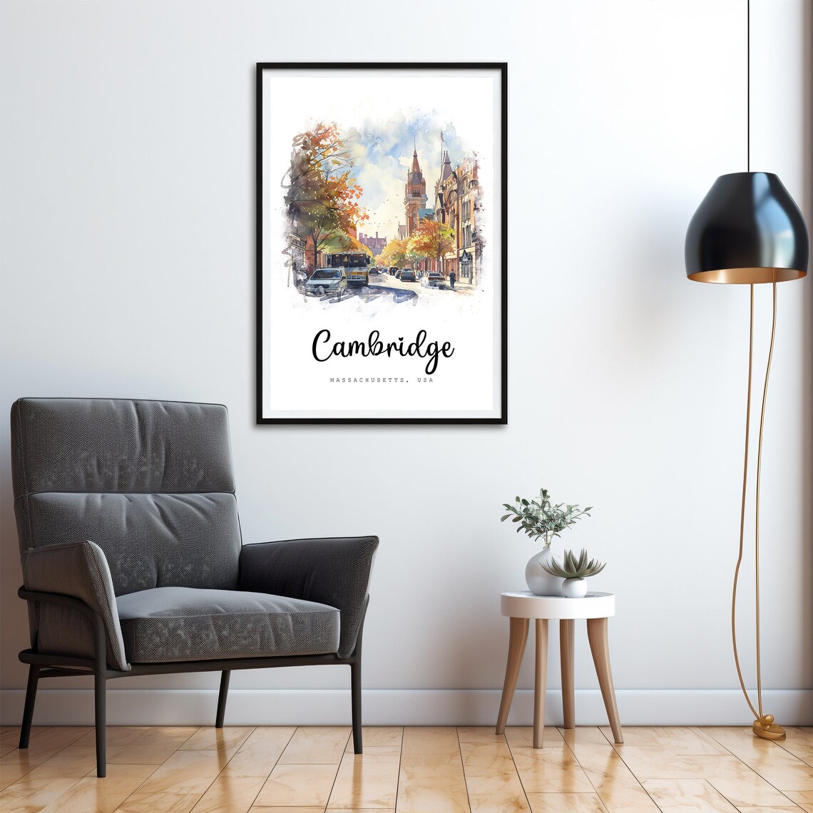 Cambridge Massachusetts Autumn Street Watercolor Travel Poster - Image 4