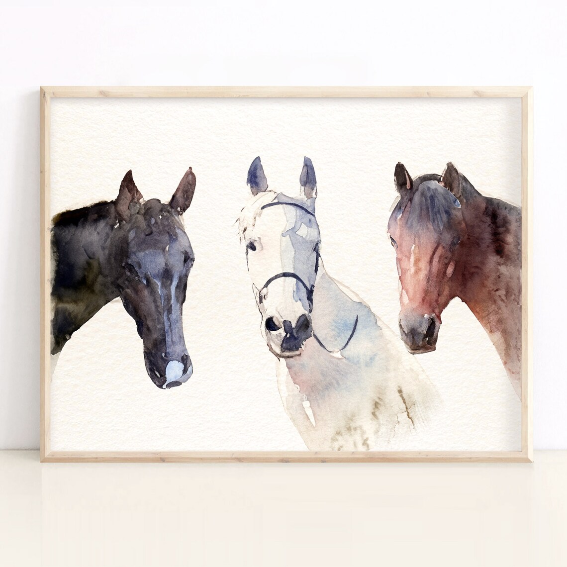 Watercolor Horse Trio Portrait Chestnut Black and White Horse Poster