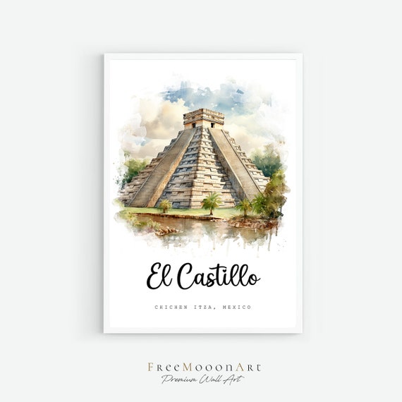 El Castillo Chichen Itza Mexico Travel Poster Mexico Print Wall Art Prints Watercolor Painting Architecture Print