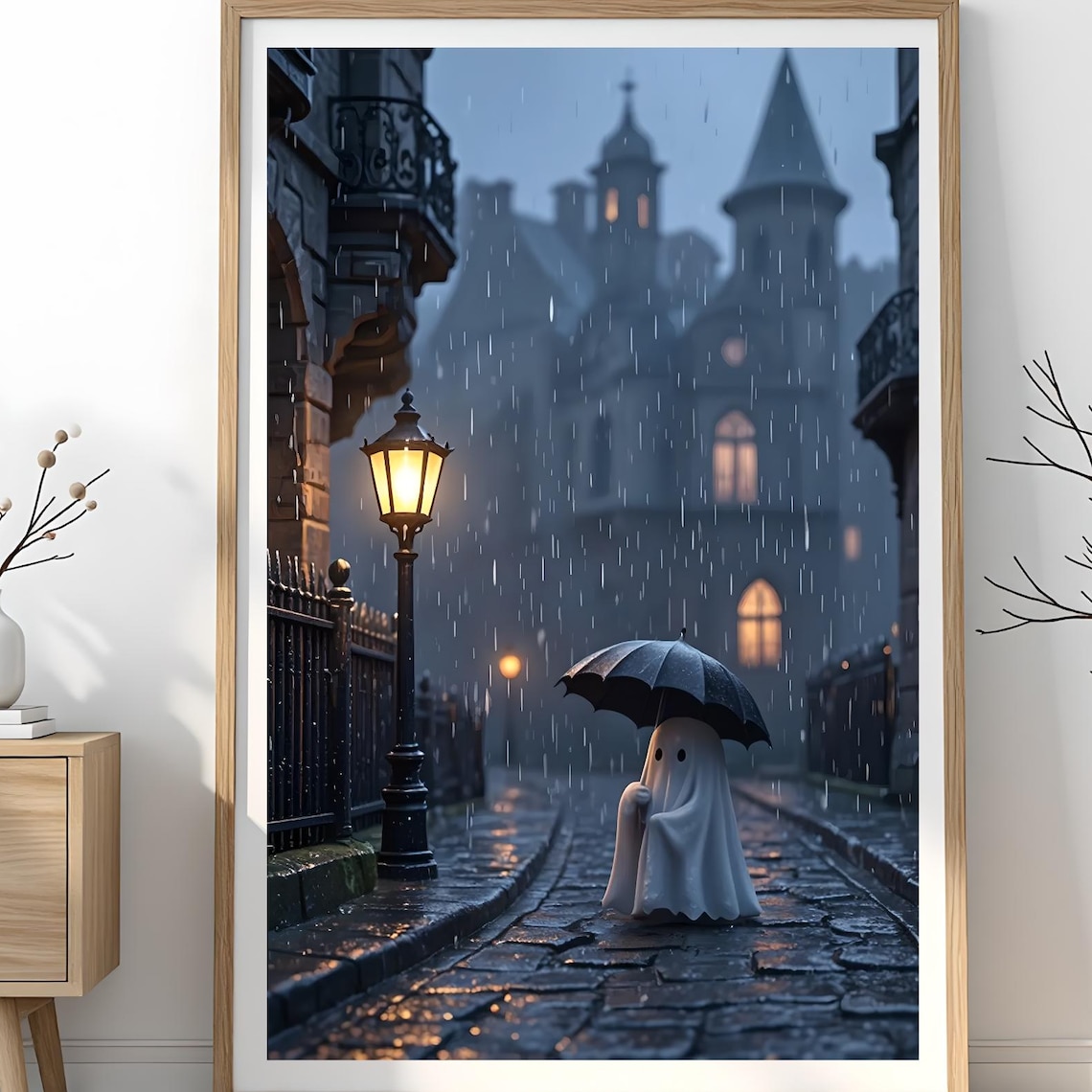 Cute Ghost With Umbrella Rainy Alley Spooky Halloween Art Poster