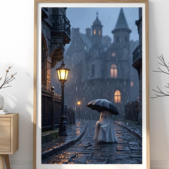 Rainy Alley Print Whimsical Halloween Wall Art
