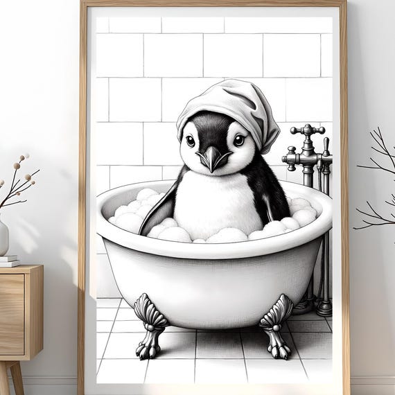 Penguin In Bathtub Art Print Funny Bathroom Decor