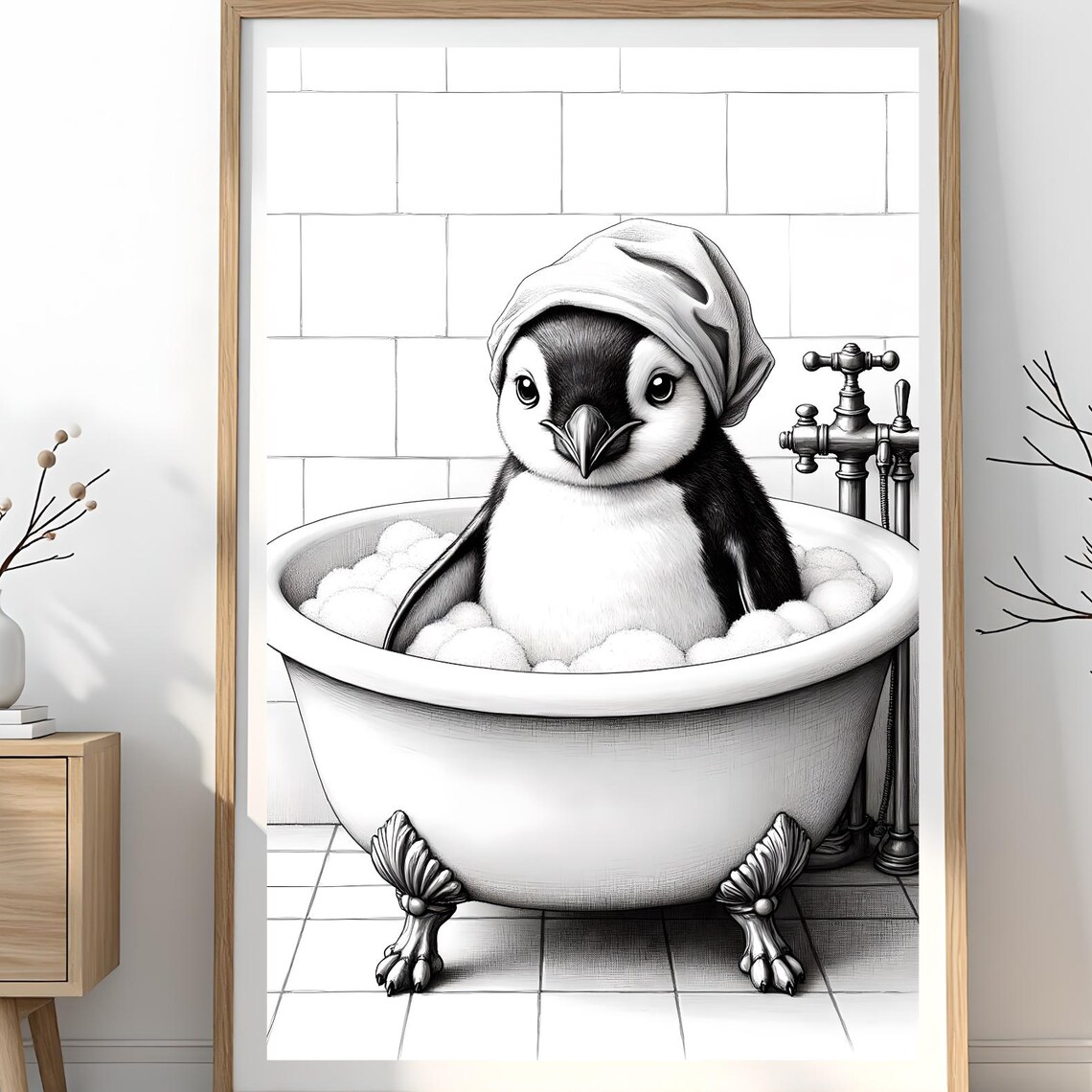 Funny Penguin Bubble Bath Poster Black and White Sketch Style Bathroom Art