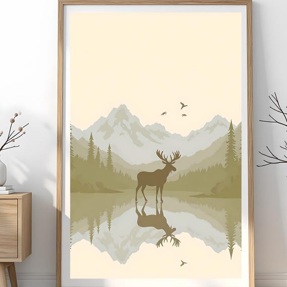 Neutral Moose Print Minimalist Beige Landscape Cabin Wall Art Poster