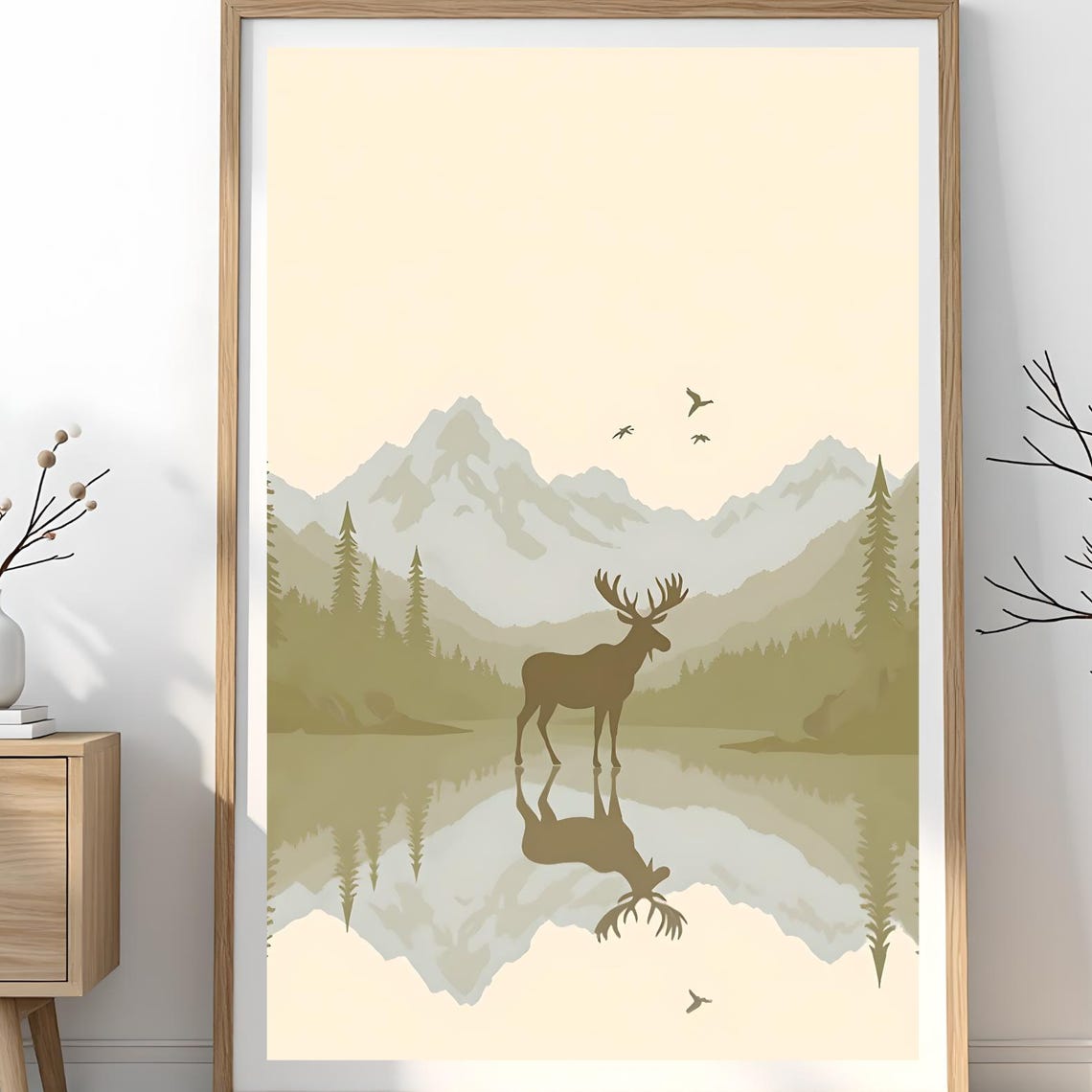 Neutral Moose Print Minimalist Beige Landscape Cabin Wall Art Poster