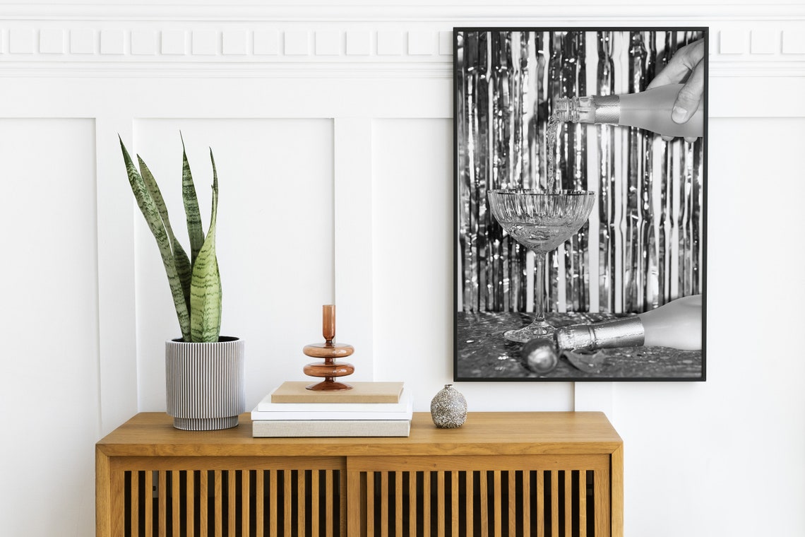 Black White Pouring Champagne Coupe Party Celebration Photo Poster - Image 2