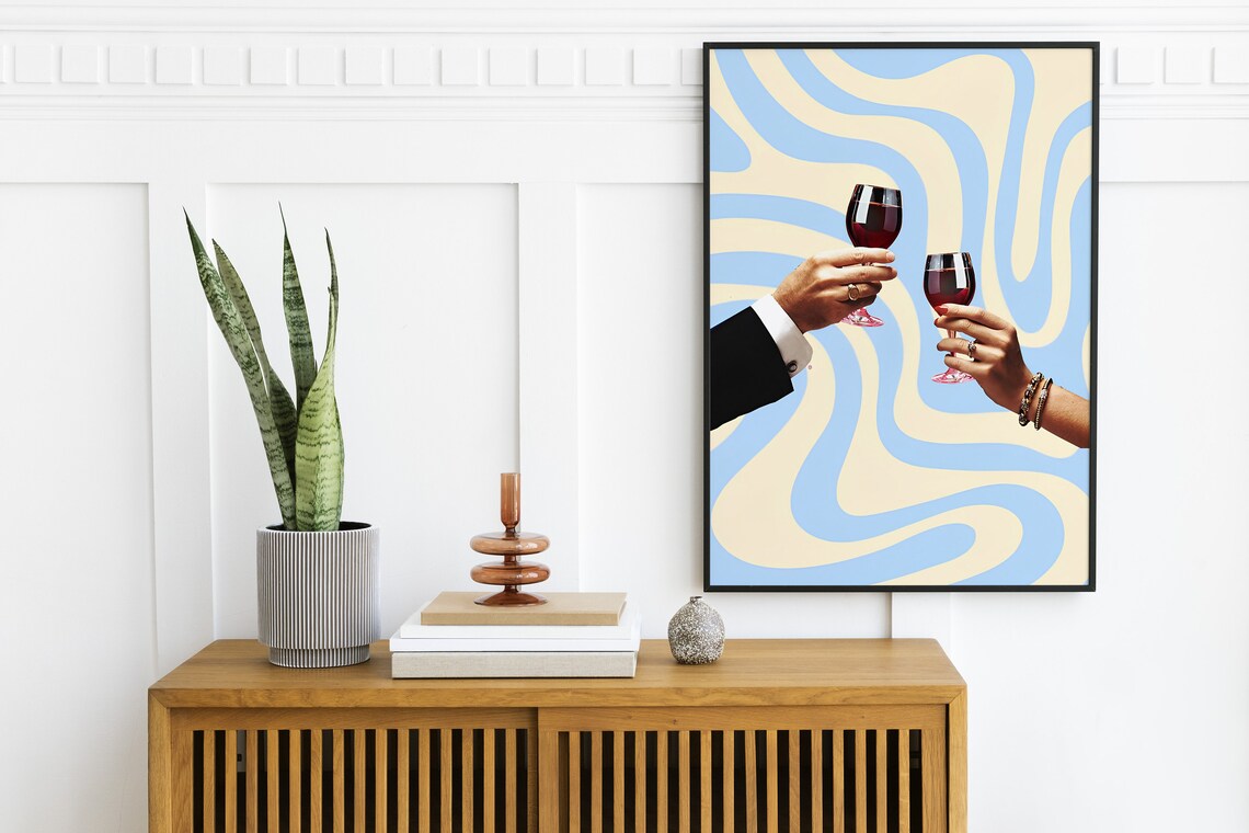 Wine Toast Clinking Red Wine Glasses Modern Retro Bar Cart Wall Art - Image 2