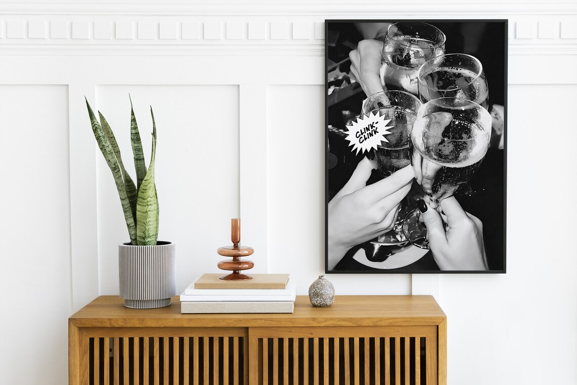 Champagne Glasses Cheers Clink Clink Black White Party Photo Poster - Image 2