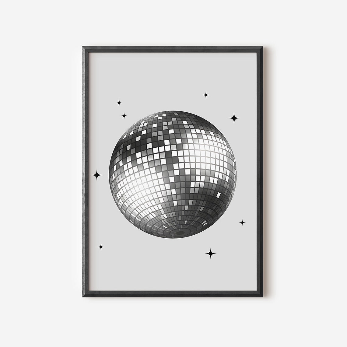 Minimalist Black White Disco Ball Stars Sparkle Party Wall Art