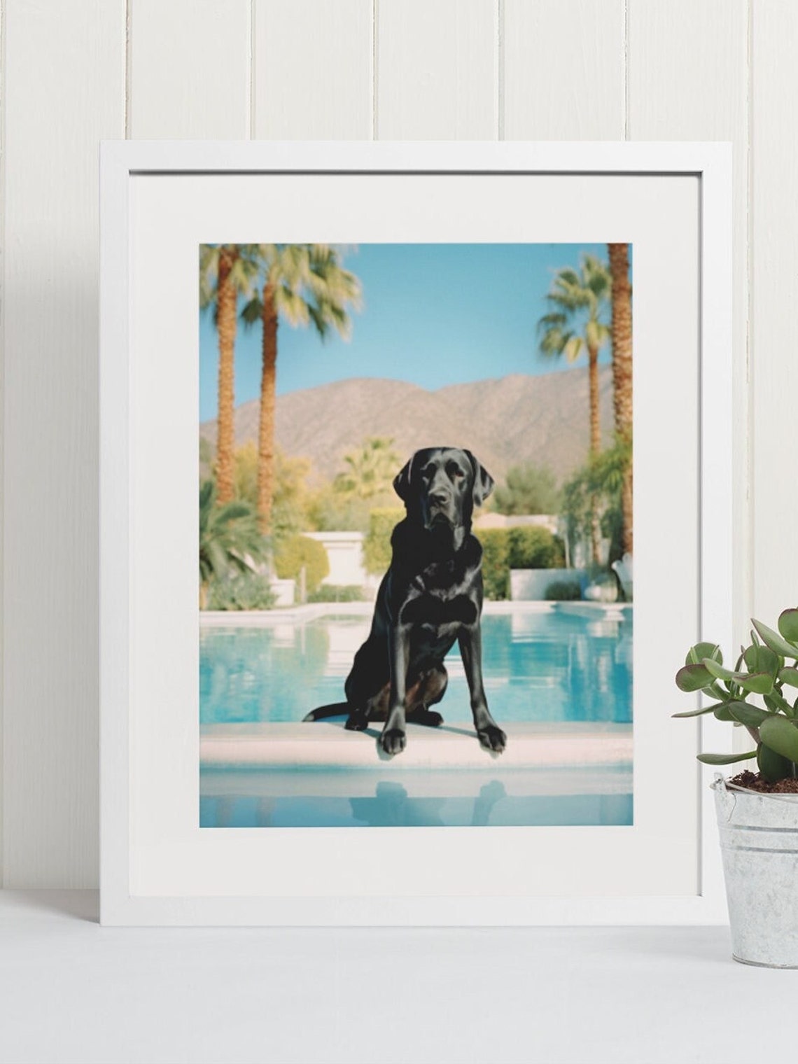 Black Labrador Sitting by a Pool with Palm Trees Glam Poster