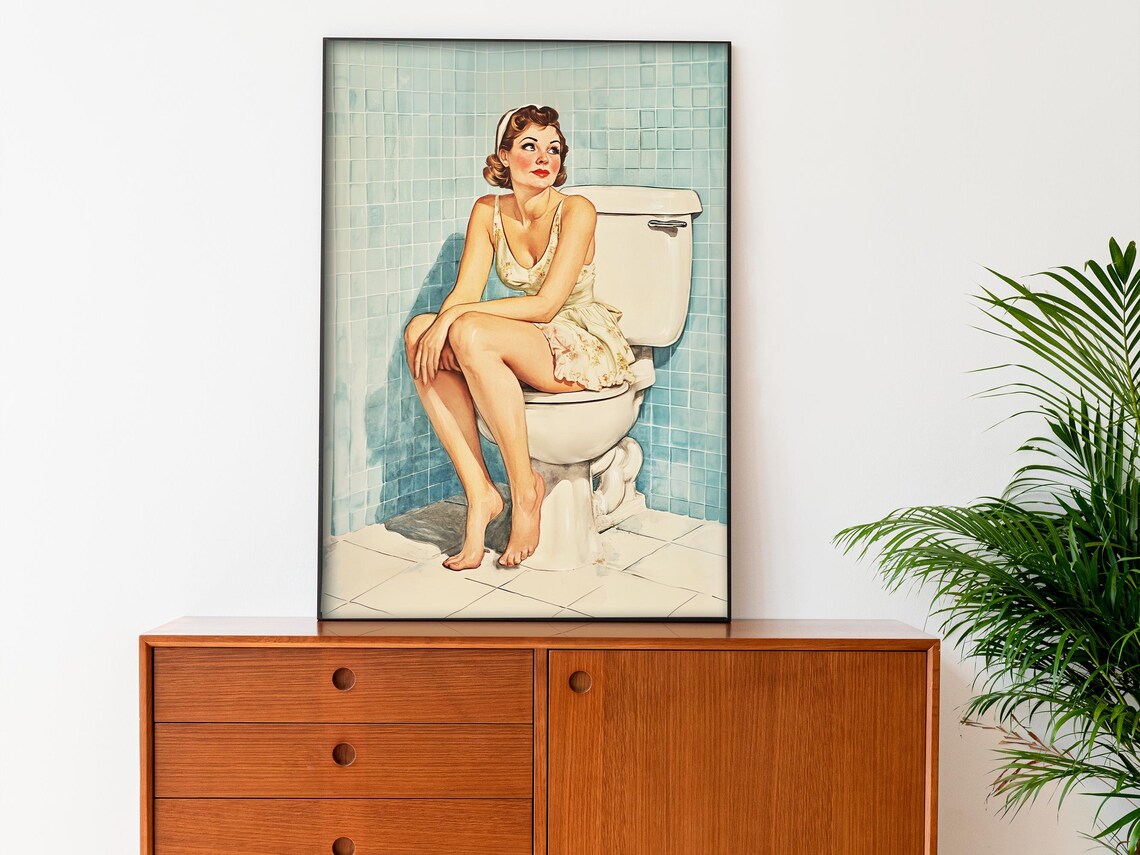 Retro Housewife Sitting On Toilet Vintage Bathroom Art Poster - Image 3