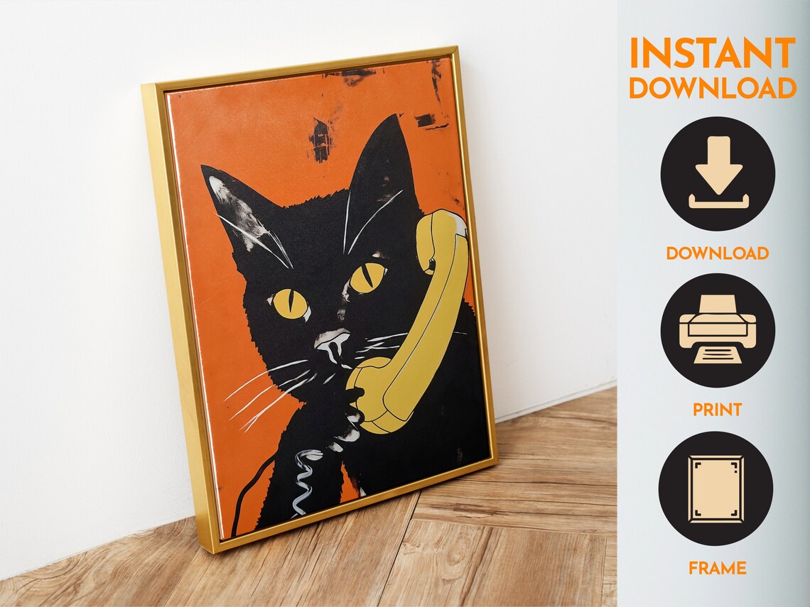 Cat On The Phone Retro Poster, Maximalist Cat Print - Image 6