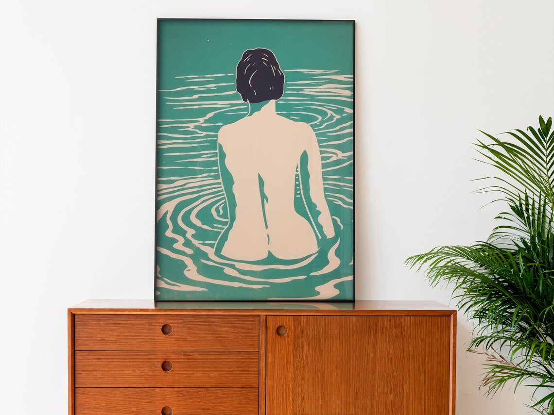 Backstroke Swimmer Teal Water Japanese Inspired Art Deco Poster - Image 3