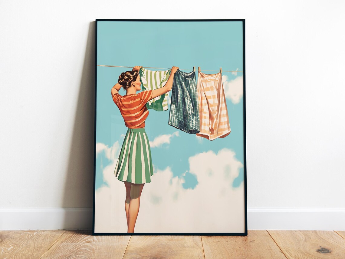Retro Housewife Laundry Day Art Print, Utility Room