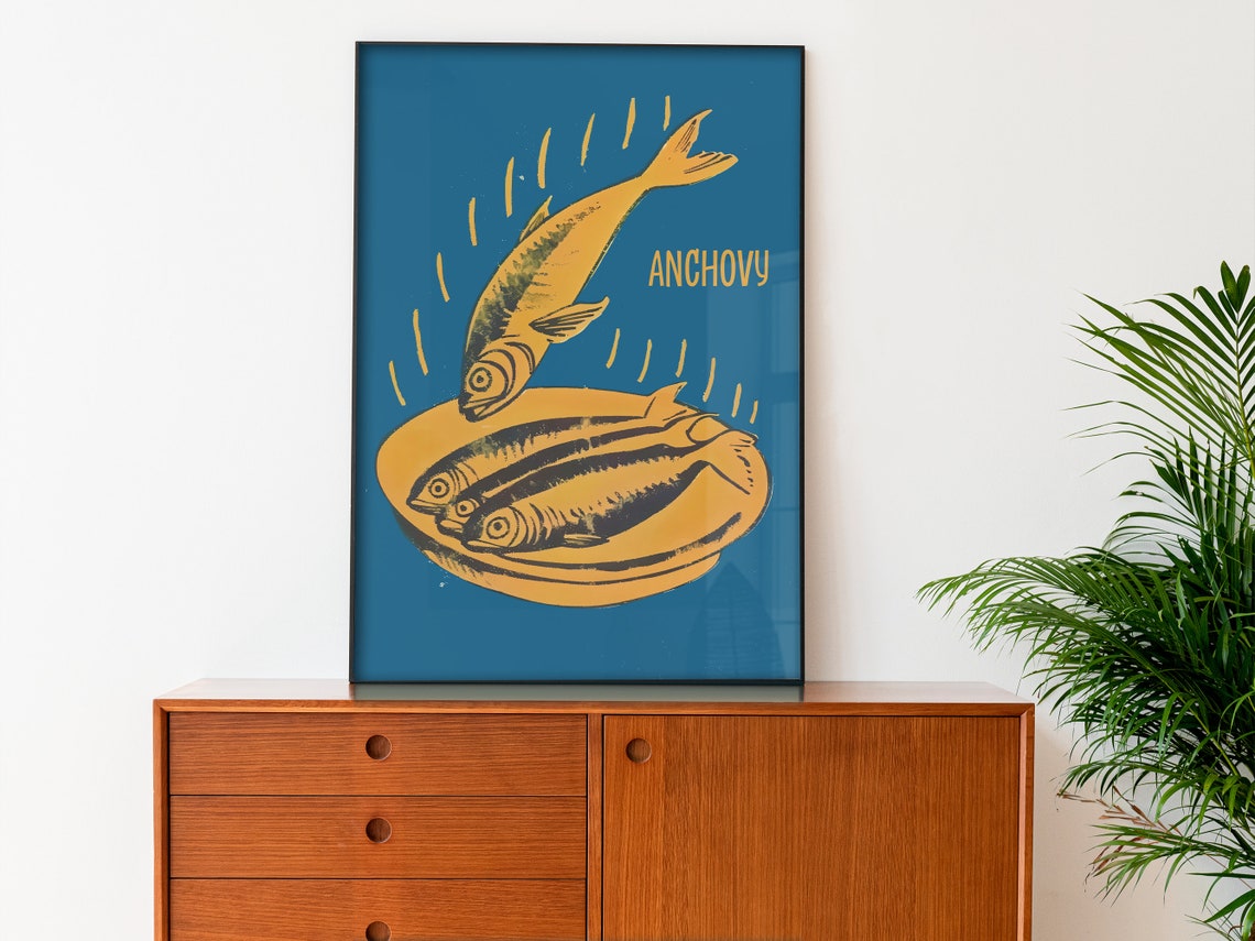 Anchovy Pop Art Sardines Plate Blue Retro Kitchen Food Poster - Image 3