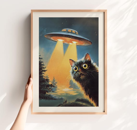 Funny Black Cat Retro Sci-Fi UFO Poster