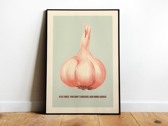 Garlic Print Vegetable Print Retro Kitchen Print Kitchen Wall Art Vegetarian Posters Vegan Prints Funny Poster Dining Blue And Pink Print