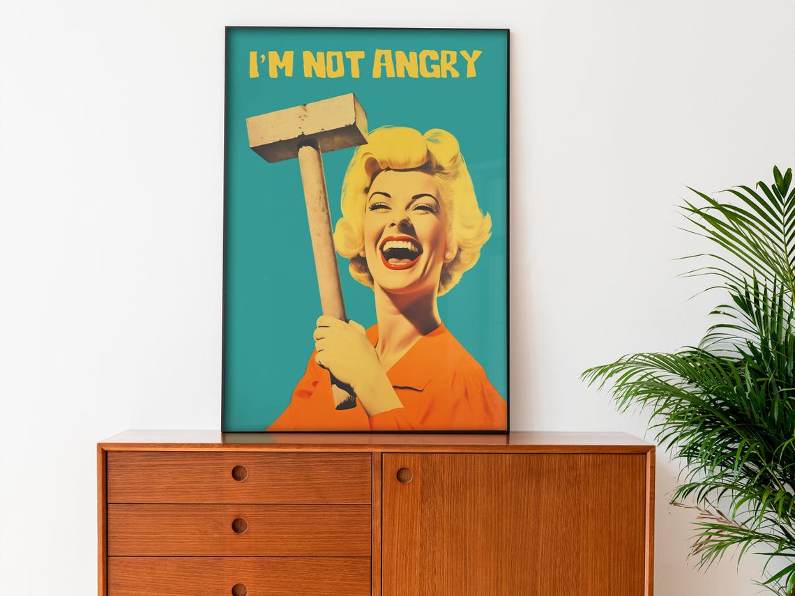 I Am Not Angry Blonde Woman With Hammer Funny Retro Quote Poster - Image 3
