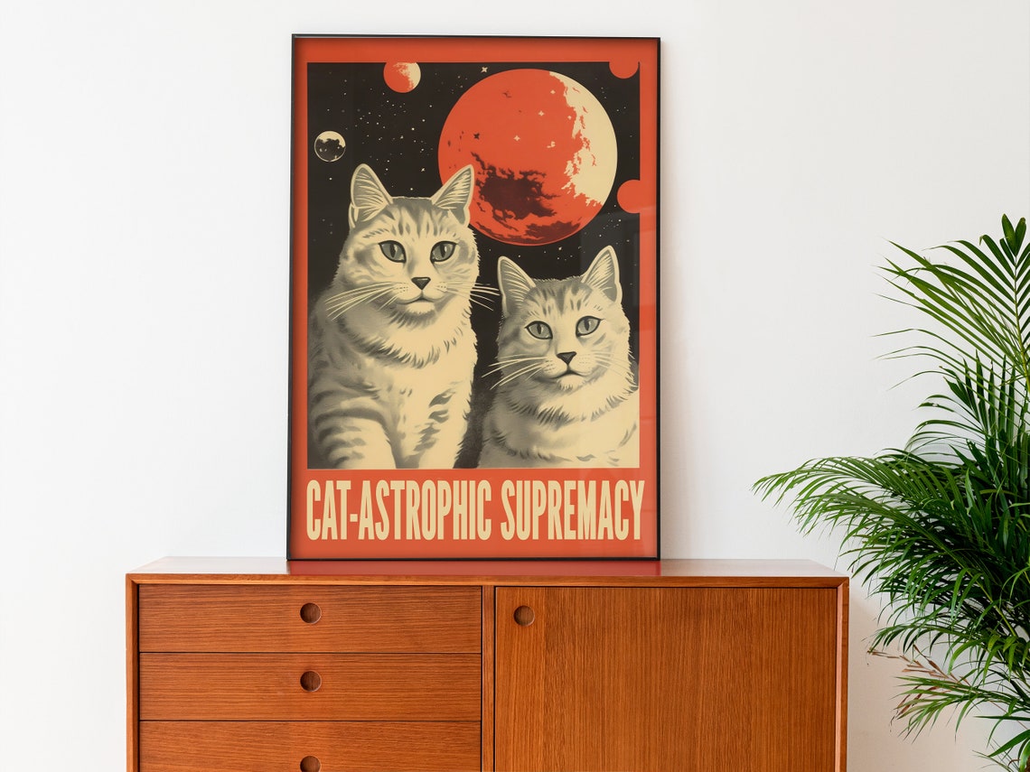 Two Tabby Cats Cat Astrophic Supremacy Retro Space Art Poster - Image 3