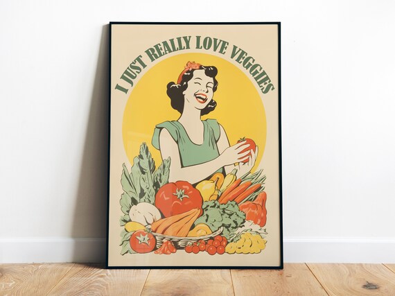 Retro Kitchen Wall Art Funny Kitchen Print Cooking Print Vegetarian Art Print Vegan Posters Vegetables Poster I Love Veggies Print