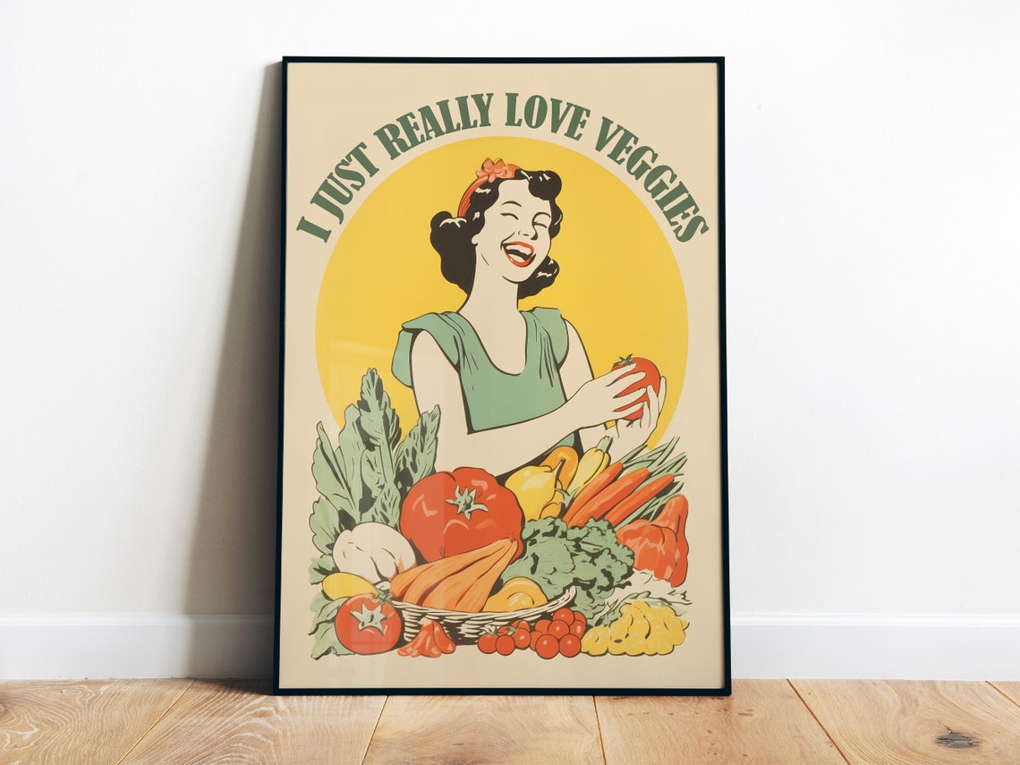 I Just Really Love Veggies Retro Woman Vegetable Basket Kitchen Poster