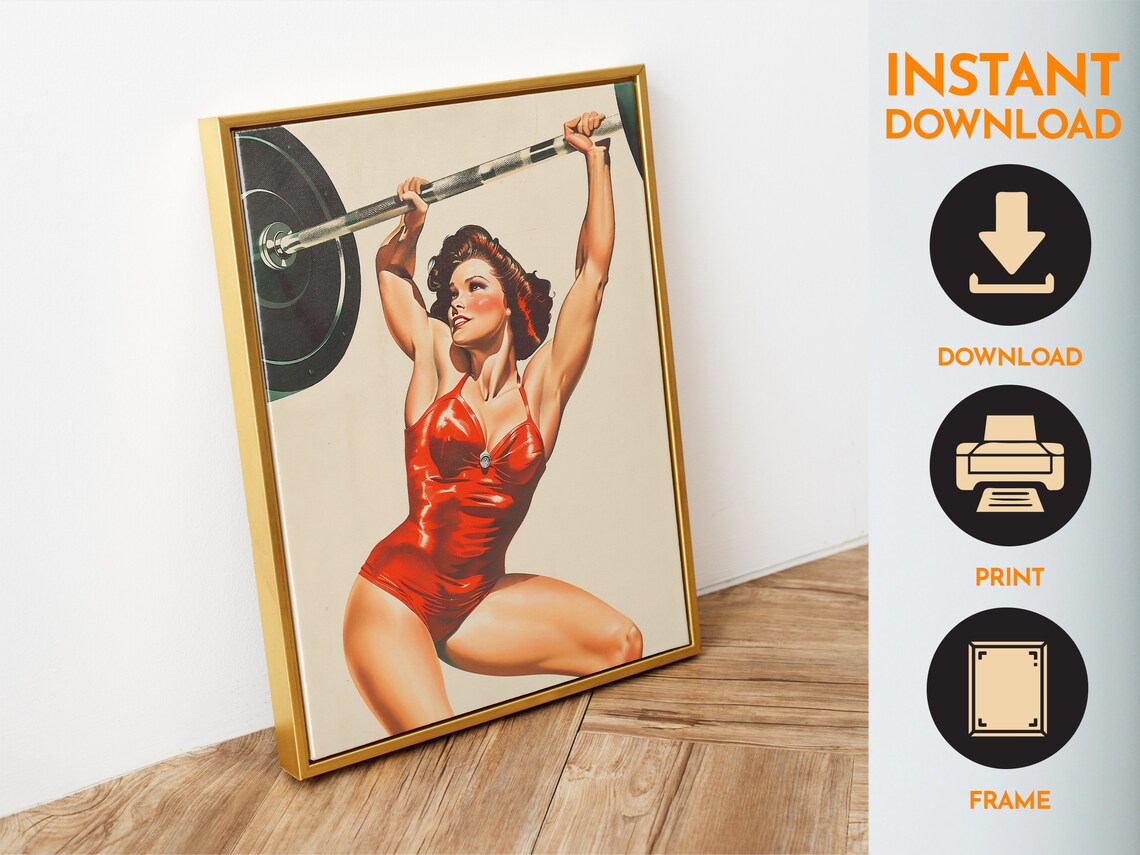 Retro Pin Up Woman Barbell Press Vintage Gym Fitness Art Poster - Image 4