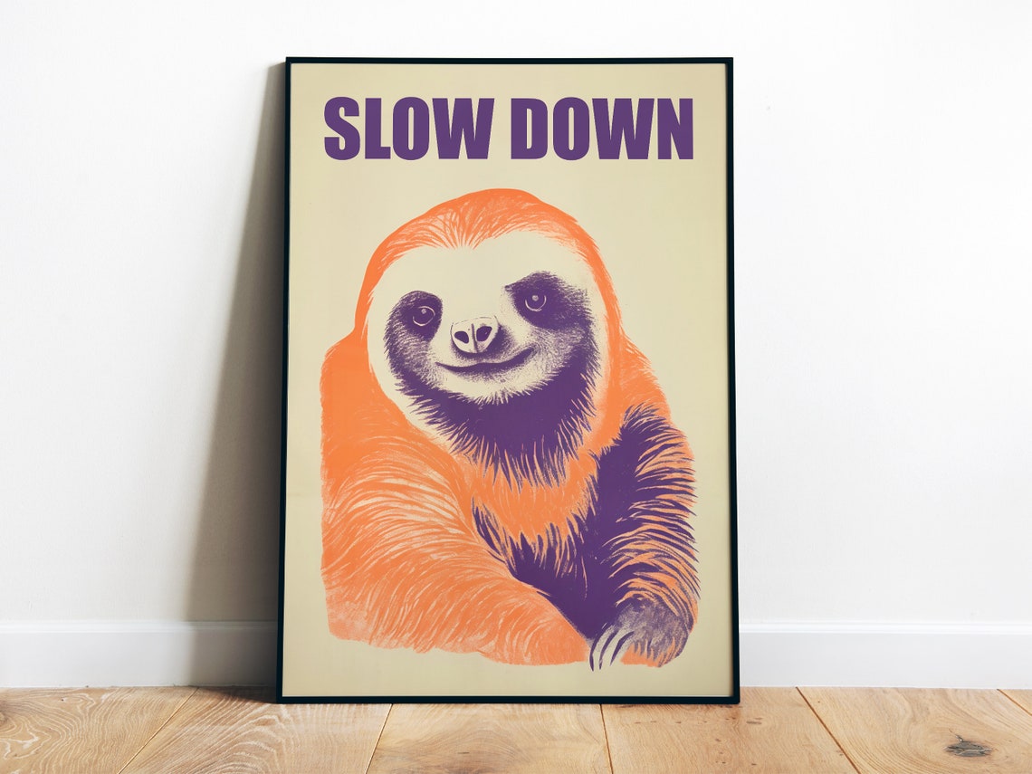 Slow Down Smiling Sloth Orange Purple Retro Relax Wall Poster