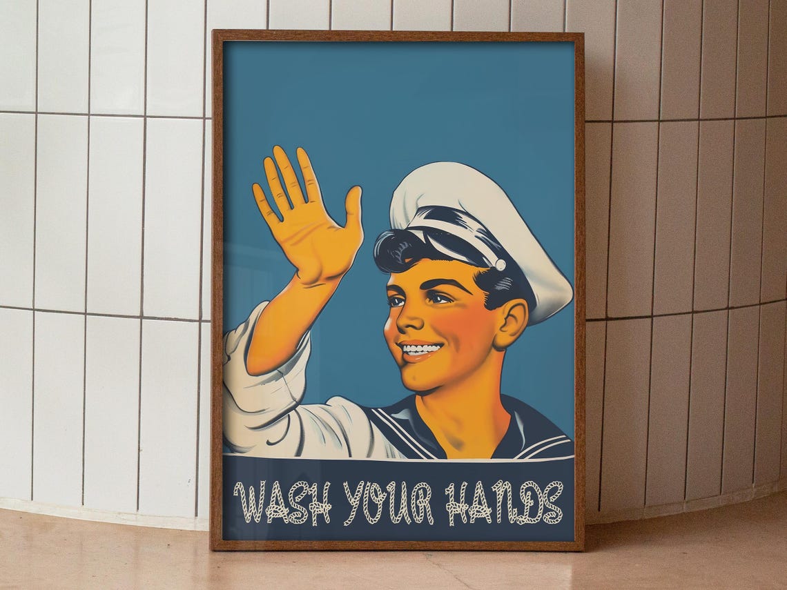 Wash Your Hands Smiling Sailor Retro Bathroom Humor Sign Poster - Image 3