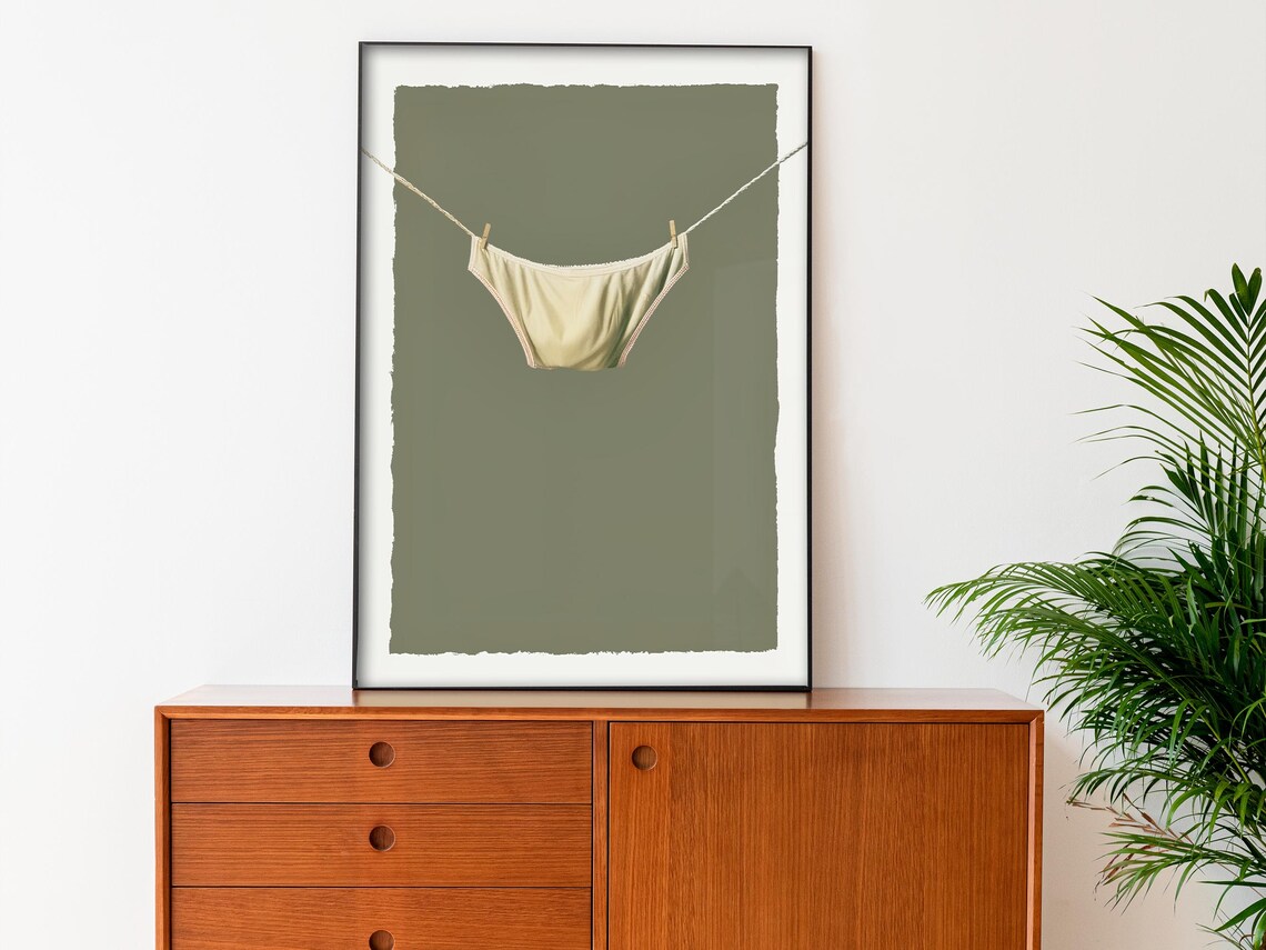 Minimalist Laundry Clothesline Underwear Olive Green Art Poster - Image 3