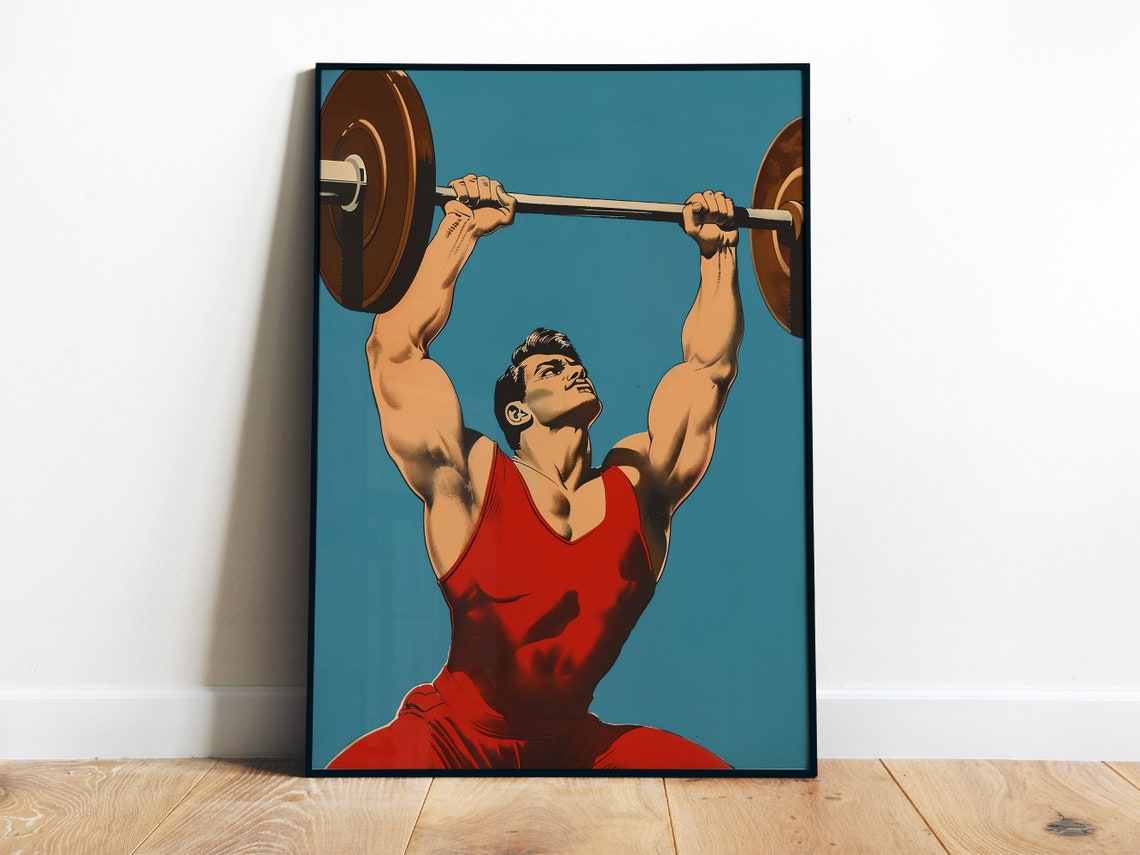 Weightlifter Lifting Barbell Overhead Vintage Strongman Art Poster