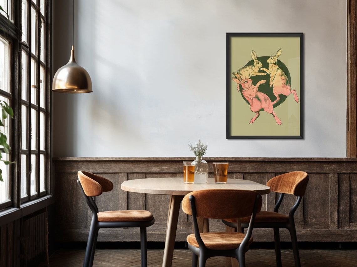 Dancing Hares Trio Sage Green Retro Rabbits Circle Vintage Art Poster - Image 4