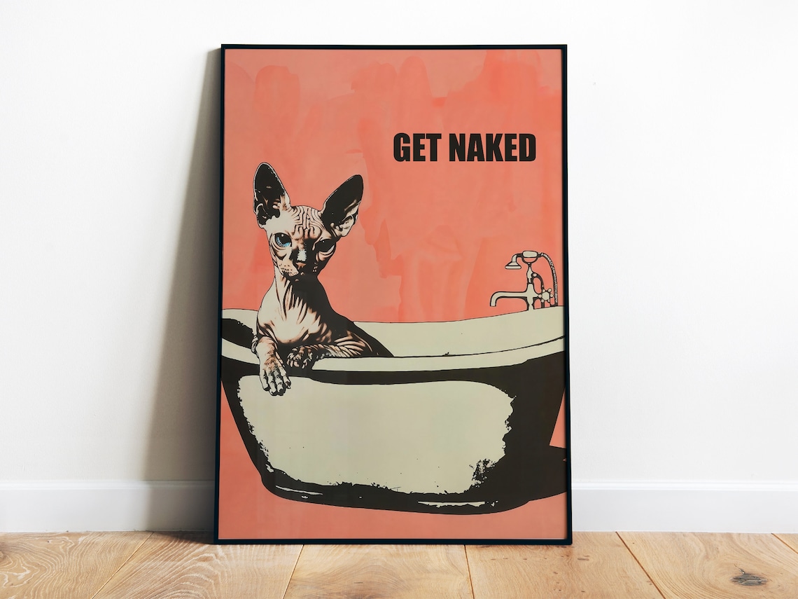 Funny Sphynx Cat Bathroom Poster, Retro Toilet Art