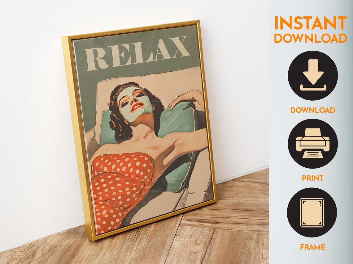Relax Retro Housewife Face Mask Spa Day Beauty Salon Vintage Wall Poster - Image 6