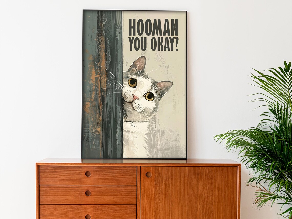 Hooman You Okay Funny Cat Peeking Door Painted Beige Retro Poster - Image 3