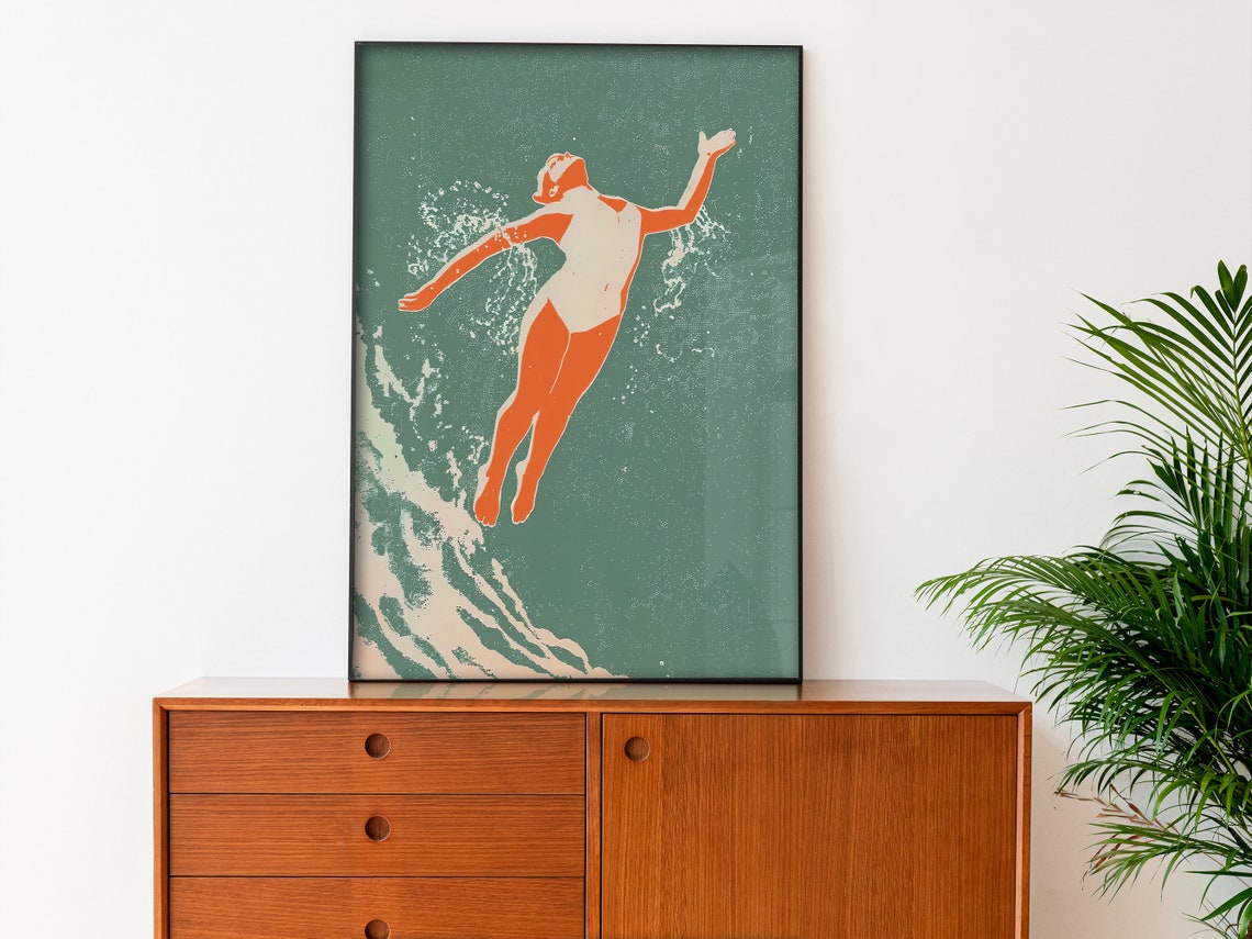 Retro Swimmer Diver Silhouette Teal Swimming Pool Art Poster - Image 2
