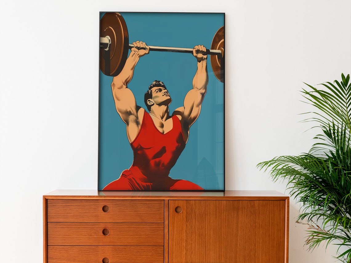 Weightlifter Lifting Barbell Overhead Vintage Strongman Art Poster - Image 3