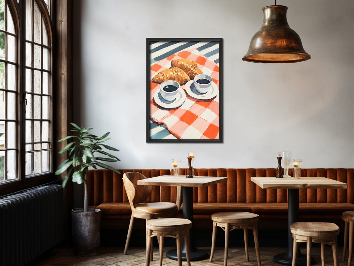 Retro Croissant and Coffee Breakfast Checkered Cloth Kitchen Poster - Image 4