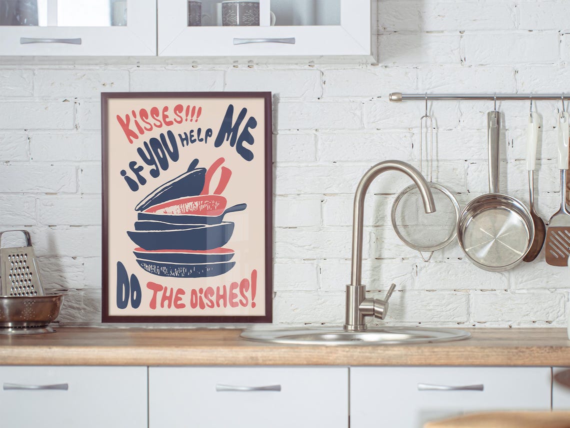 Kisses If You Help Me Do The Dishes Funny Kitchen Quote Poster - Image 3