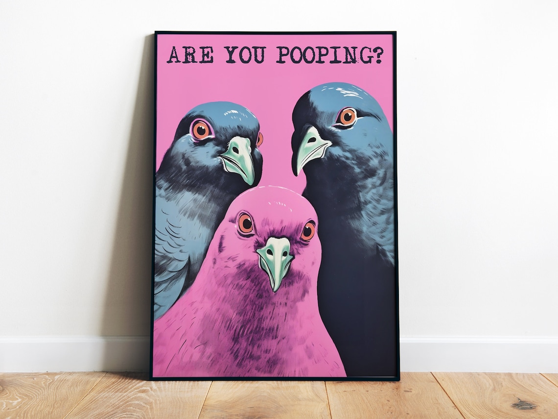 Funny Bathroom Pigeon Poster, Pink Toilet Wall Art