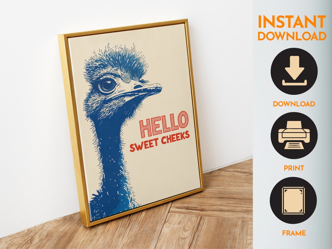 Hello Sweet Cheeks Funny Blue Ostrich Bathroom Humor Art Poster - Image 4