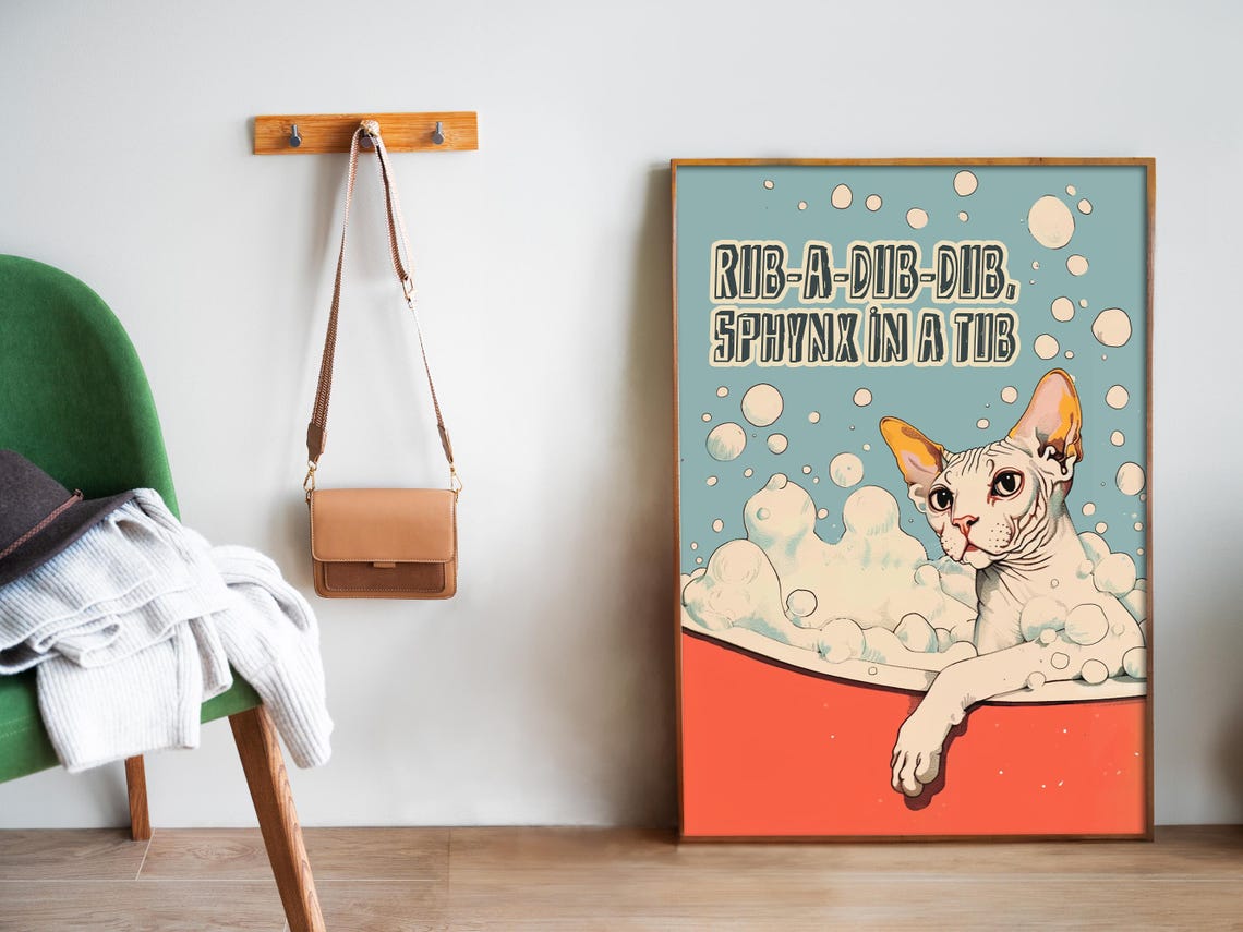 Rub A Dub Dub Sphynx Cat In A Red Tub Retro Funny Cat Poster - Image 5