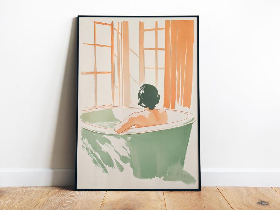 Bathroom Aesthetic Wall Art Shower Room Wall Print Green And Orange Toilet Art Woman In A Tub Art Self Care Print Watercolor Art