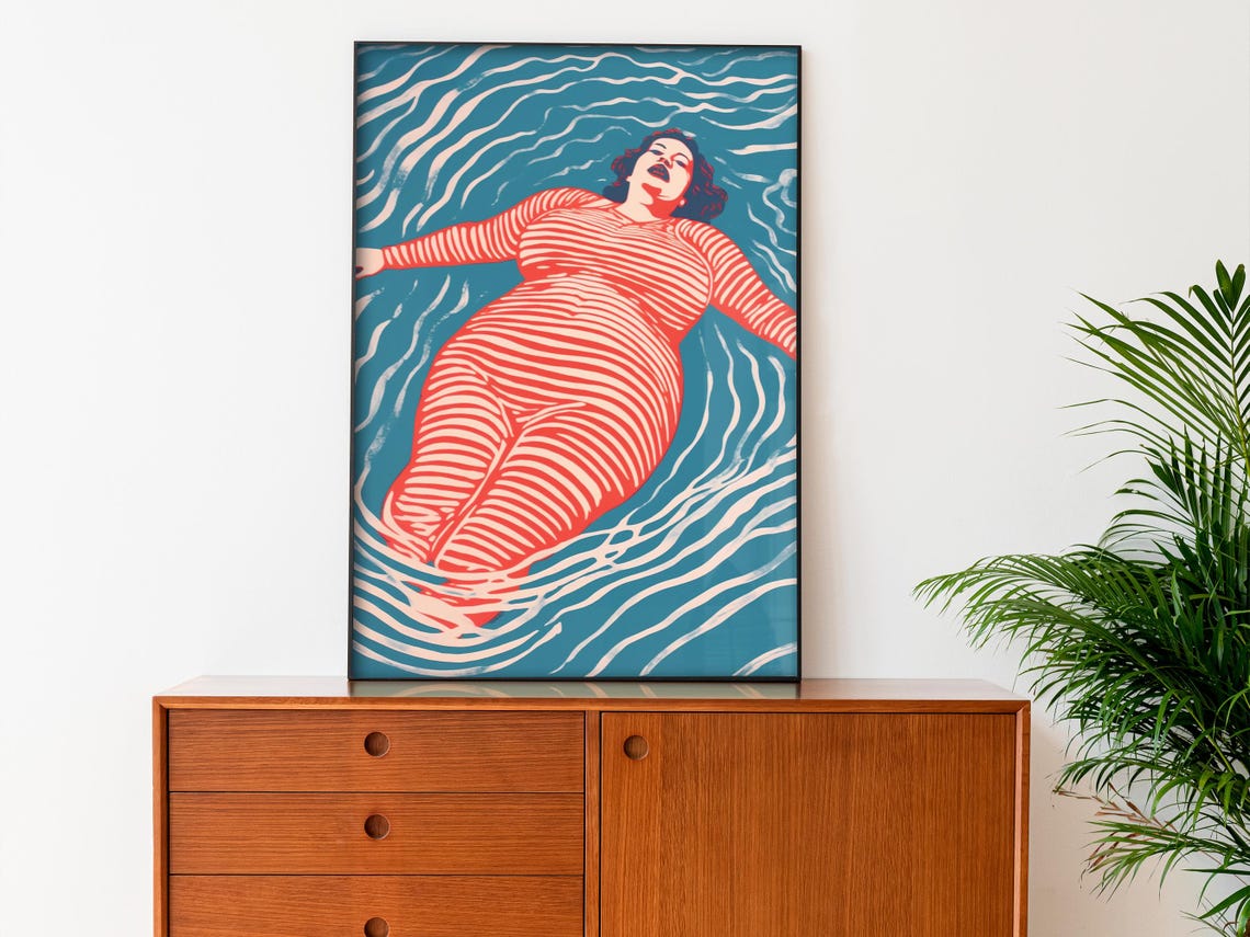 Floating Woman In Striped Red Swimsuit Retro Pool Art Poster - Image 2